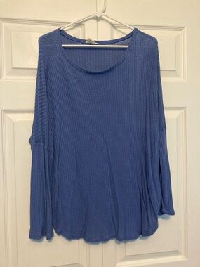 LOFT Blue Waffle Knit Long Sleeve Scoop Top